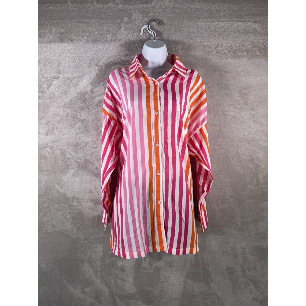 BEACH RIOT Alexa Cover Up Shirt Womens Size PL Pink Orange Striped Long Sleeve